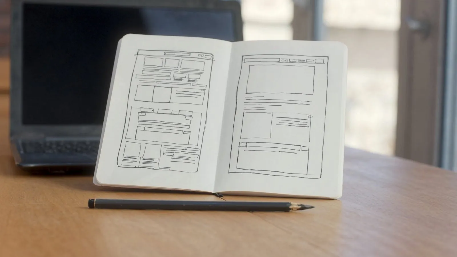 Carnet ouvert avec des croquis de maquettes de site web — les erreurs à éviter quand on crée son site